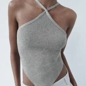 Zara Silver Open Back Knit Halter Top (set) Tie-back
